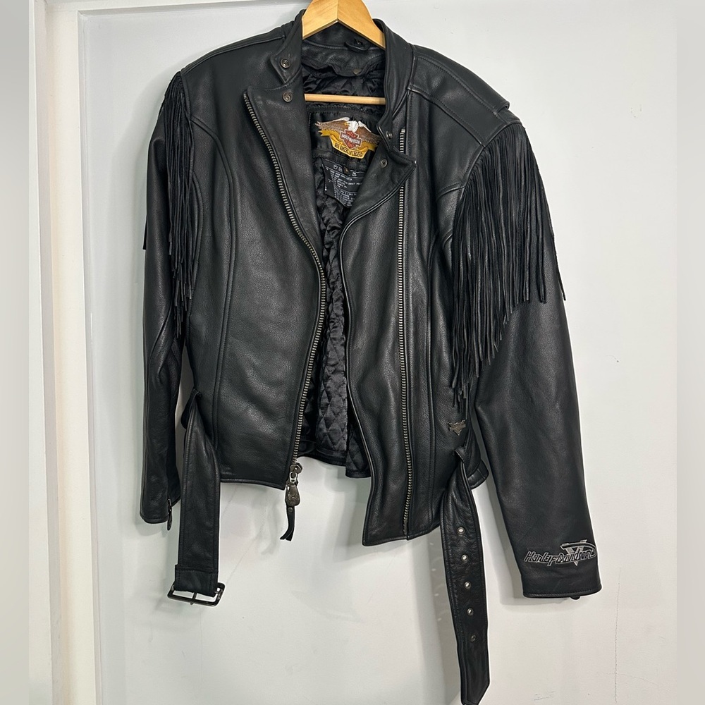 RARE Silver 50 Year Pin Leather Harley‎ Davidson Fringe and Belted Jacket